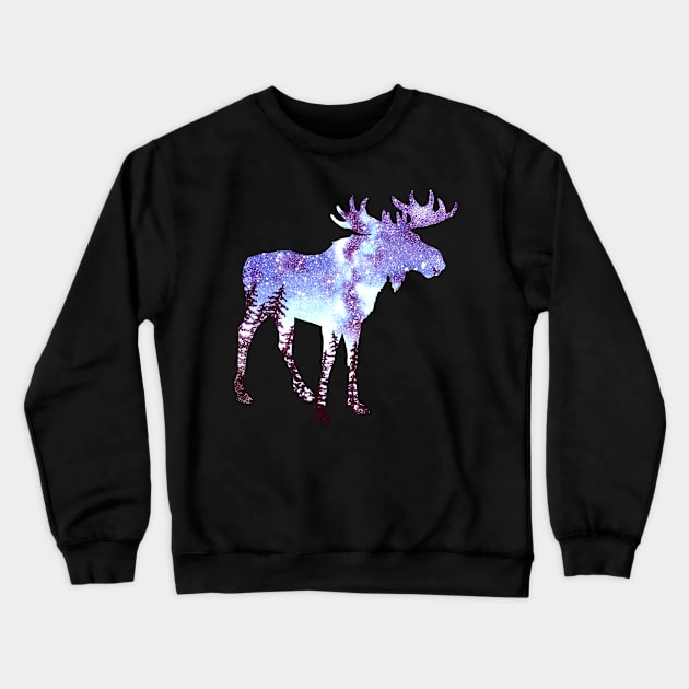 Moose Forest Night Sky Crewneck Sweatshirt by Mila46